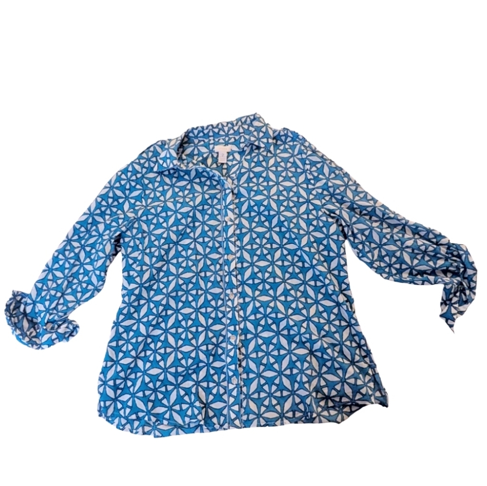 Chicos Women's Button Down Blue Pattern 100% Cotton Long Sleeve Size‎ 2 Medium
